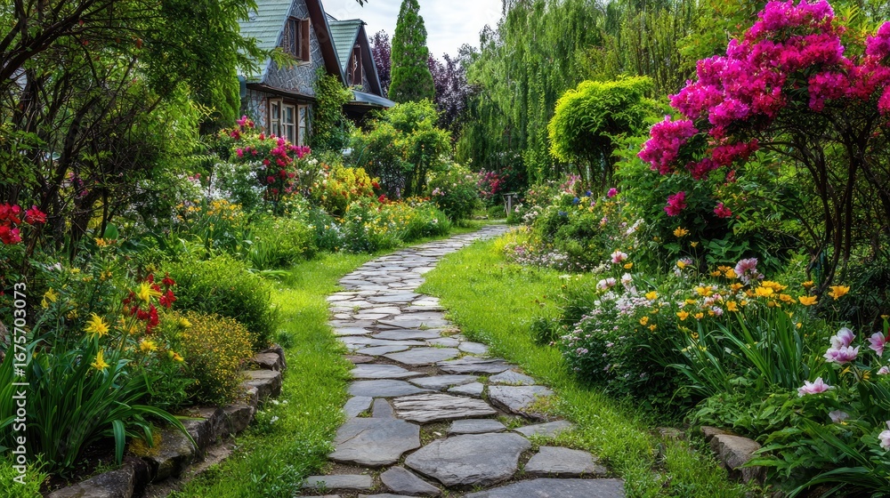 Fototapeta premium Beautiful Garden Pathway Surrounded by Colorful Flowers and Lush Greenery in a Residential Area