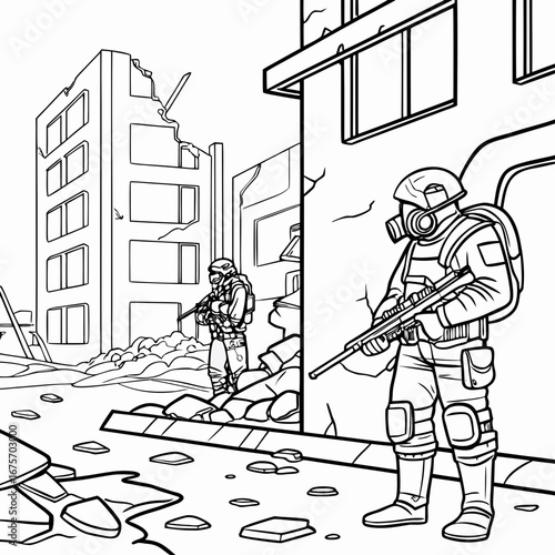 Soldiers in ruined city after war