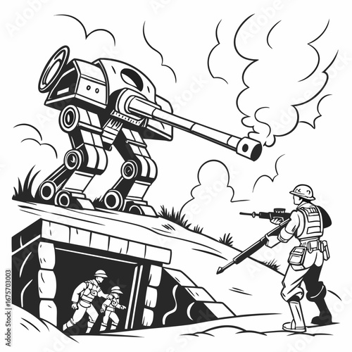 Soldiers fighting a tank in a war scene with a bunker