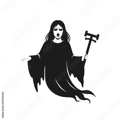 A spectral figure in a dark cloak, holding a cross-shaped object, evokes a sense of dread and mystery against a stark black background.