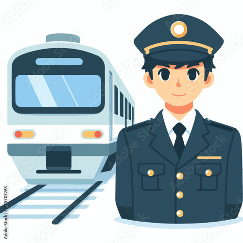 Train driver in a uniform with a simple and minimalist flat design using a white background