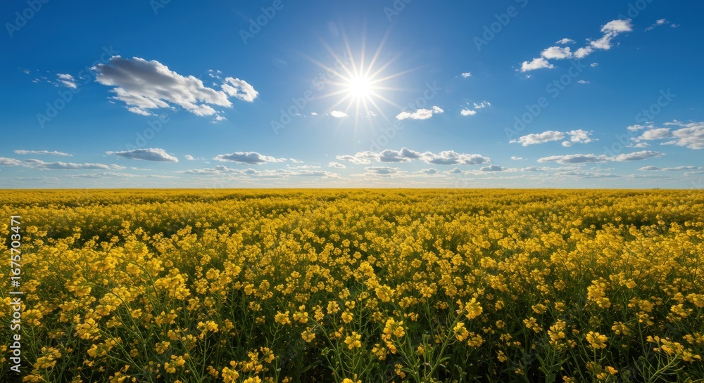 Obraz premium Radiant Sunburst Illuminates an Endless Golden Canola Field Under a Blue Sky