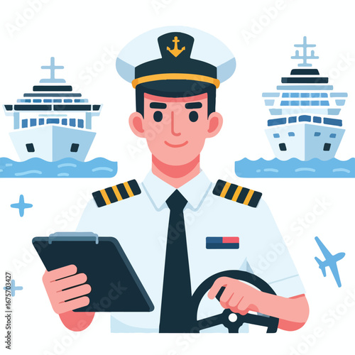 Cruise ship driver with simple and minimalist flat design using white background