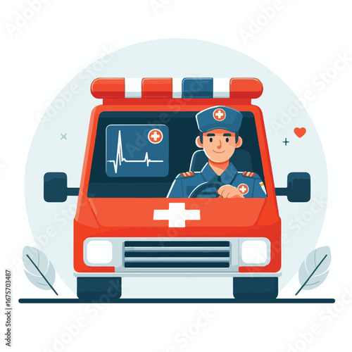 Ambulance driver with simple and minimalist flat design using white background