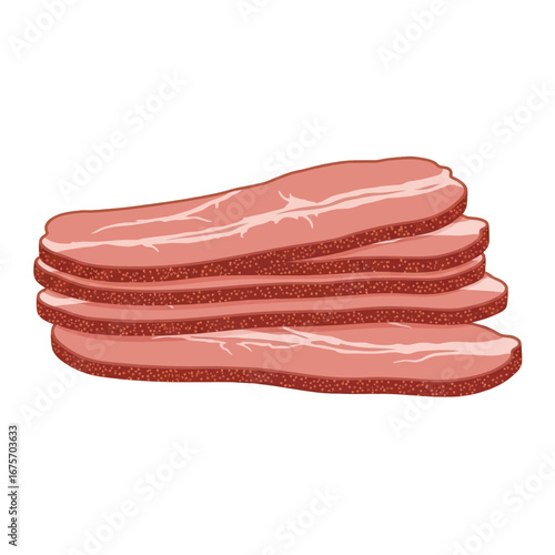 Stacked slices of cured meat, displayed against a black backdrop, showcase a simple yet appealing representation of bacon.