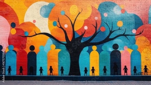 Colorful mural depicting stylized tree and people. Public art. Possible use Background, social media