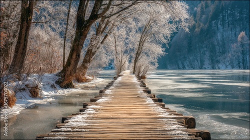 Frosted Wooden Pathway Along Sparkling Frozen Lake Surrounded by Trees in Winter Wonderland Setting