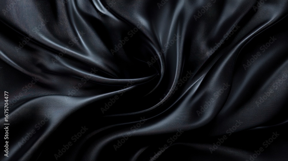 Fototapeta premium Smooth black satin fabric with elegant folds highlighted by soft light creating a luxurious and silky texture