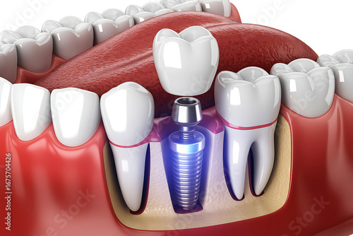 3d medical illustration of tooth implant surgery anatomy showing dental prosthetic jawbone integration oral healthcare dentistry treatment education design