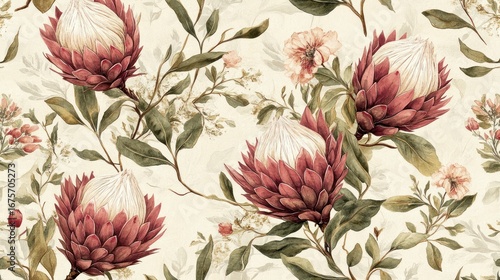 Seamless pattern of protea flowers and foliage