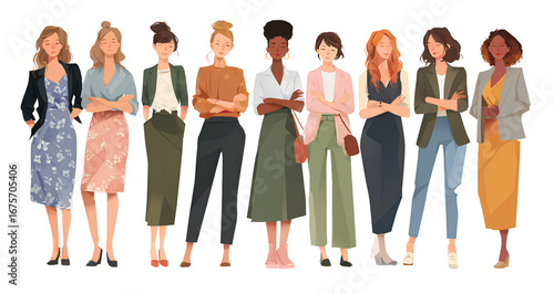 a group of women in business attire standing together, isolated on a transparent background 