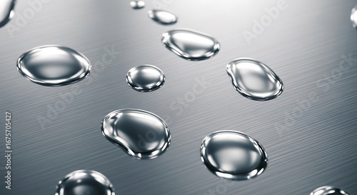 Close-up of water droplets scattered across a brushed metallic surface, reflecting light and creating a clean, modern aesthetic.