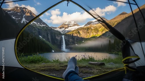 Relaxing View from a Tent in Majestic Nature: Peaceful Morning by the Lake with a Stunning Waterfall Surrounded by Lush Greenery and Majestic Mountains