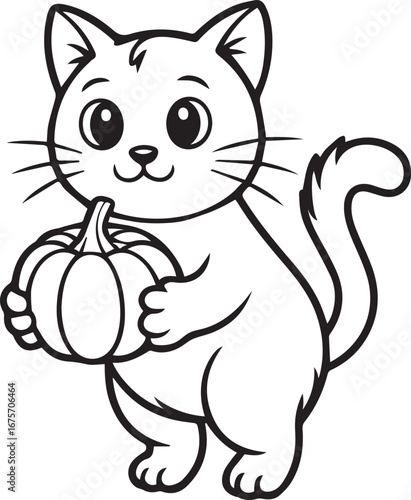 Cute cartoon cat holding a pumpkin for Halloween