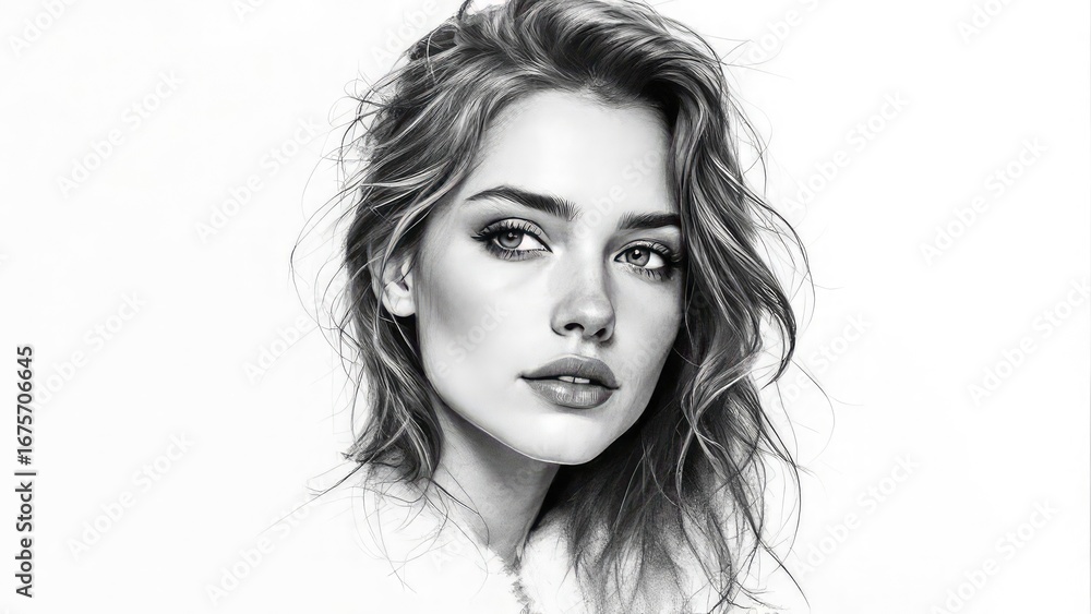 Naklejka premium Black and white portrait of a young woman with wavy hair looking directly at the viewer on white background