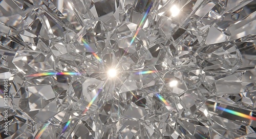 Abstract close-up of a crystal or diamond with light refracting, creating rainbow colors and a bright central point.