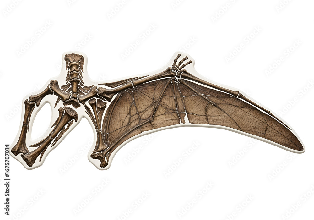 Obraz premium Detailed illustration of a prehistoric pterosaur wing's skeletal structure, showcasing intricate bone details and wing membrane, set against a stark black backdrop.
