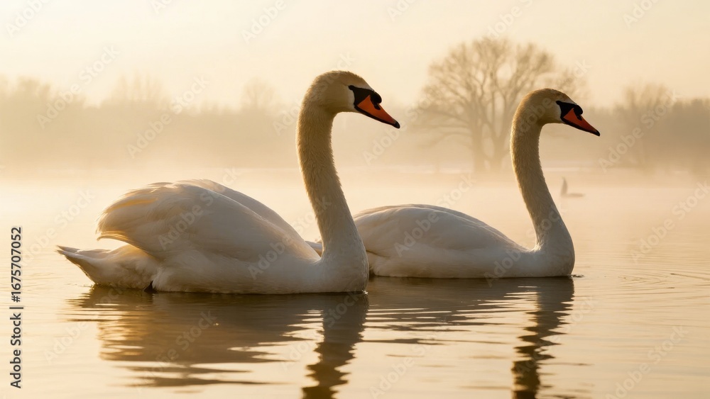 Fototapeta premium Two swans gracefully floating on a calm, misty lake at sunrise