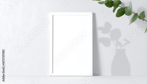 Blank White Rectangular Frame with Eucalyptus Shadow on Light Background.