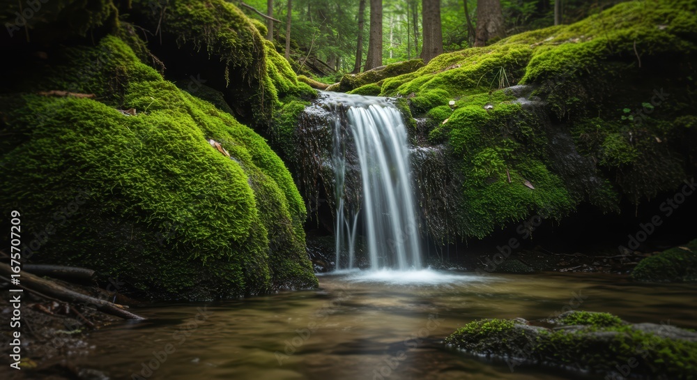 Fototapeta premium Gentle Waterfall's Silky Veil Over Vibrant Green Moss in a Secluded Forest Haven.