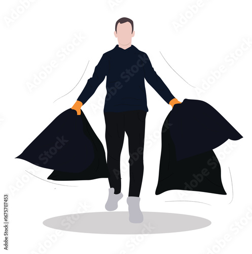 man carrying trash bag. character carrying two large trash bags in hands walking