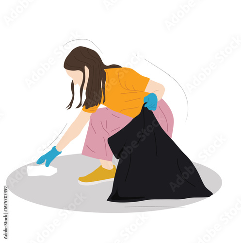 woman picking up trash. Women picking up trash put in trash bags trash