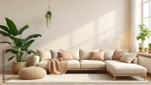 Fototapeta Naklejka Na Ścianę i Meble -  A living room with a large sectional sofa plants and a hanging plant in a bright and airy space