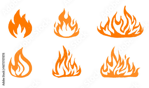 Hand drawn fire flames icon set. Vector sketch of orange crayon drawing fire flame collection isolated on transparent background