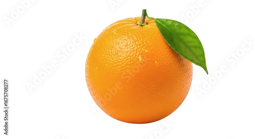 Isolated orange with refreshing water droplets, featuring vibrant color and glossy green leaf on black background