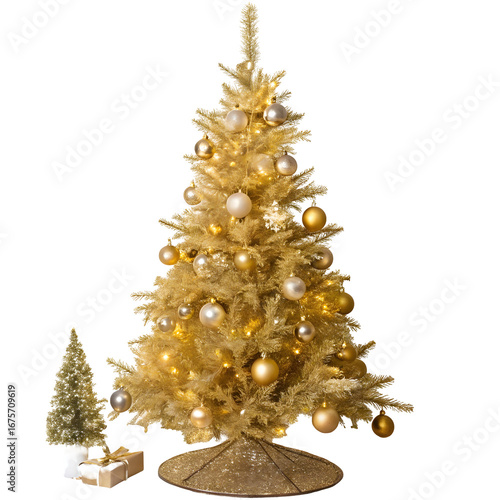 Opulent golden Christmas tree adorned with metallic baubles and sparkling lights isolated on a transparent background