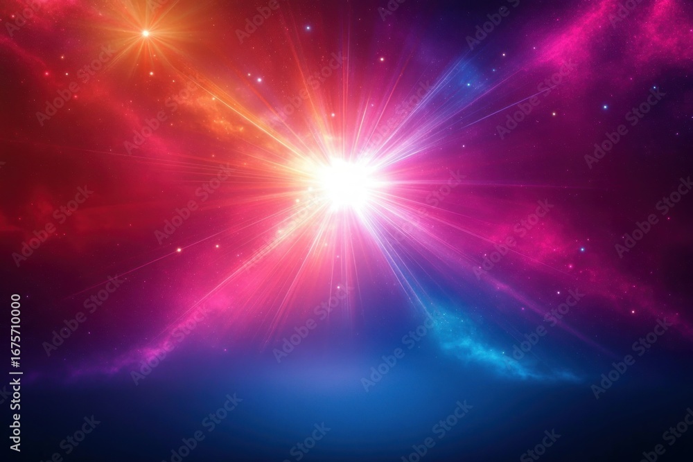 Fototapeta premium Bright white starburst radiating intense light and colorful cosmic clouds in space with vivid pink, purple, orange, and blue hues, sparkling stars scattered around