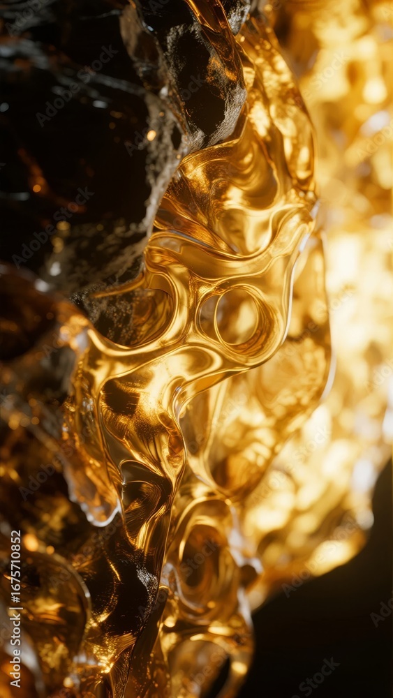 Fototapeta premium Golden Liquid Sculpture with Intricate Patterns and Reflections