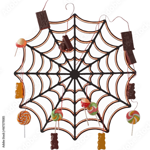 Halloween spider web decoration with candy lollipops chocolate and gummy bears