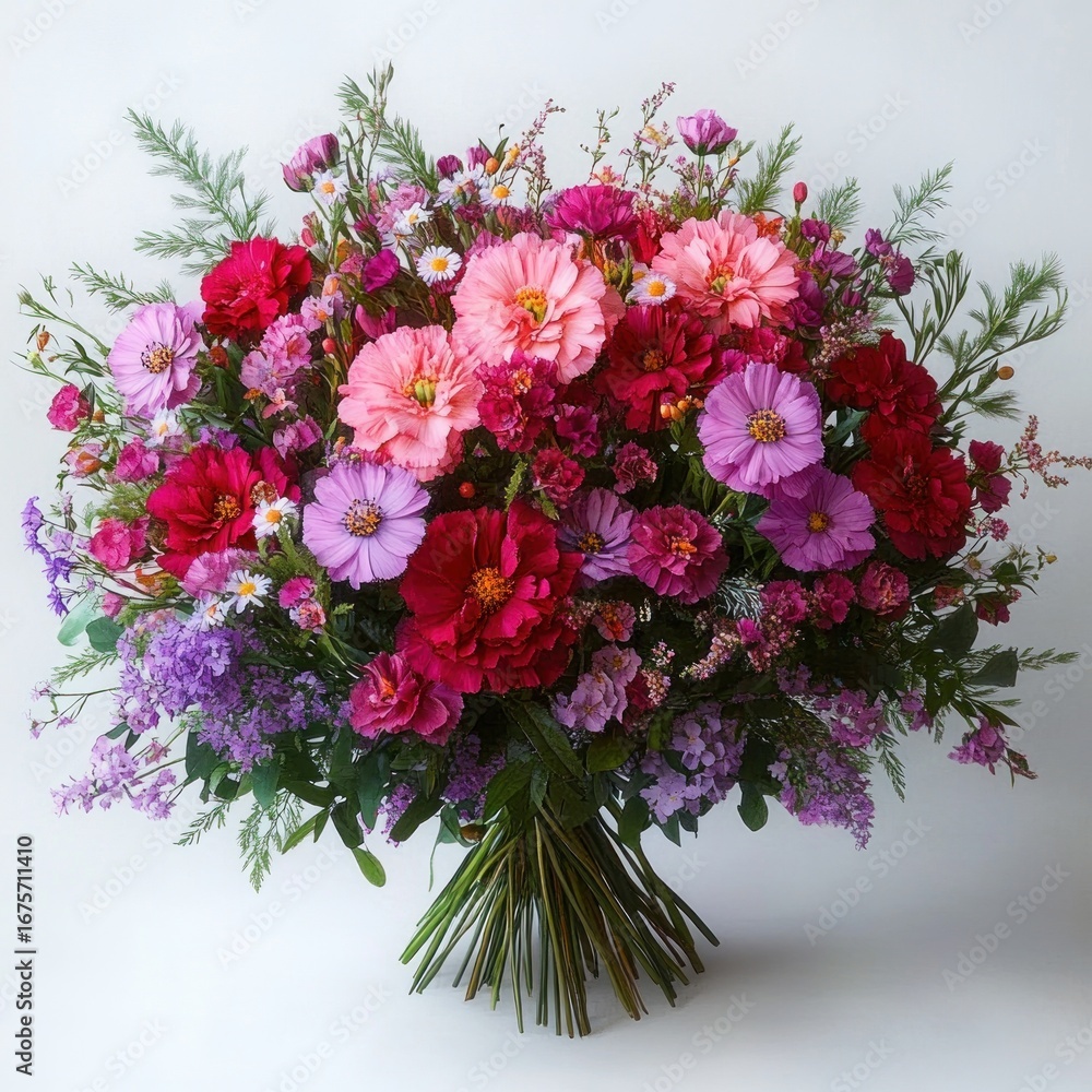 Fototapeta premium Large vibrant bouquet of various colorful flowers including pink, purple, red, and lavender blossoms with green foliage on a white background