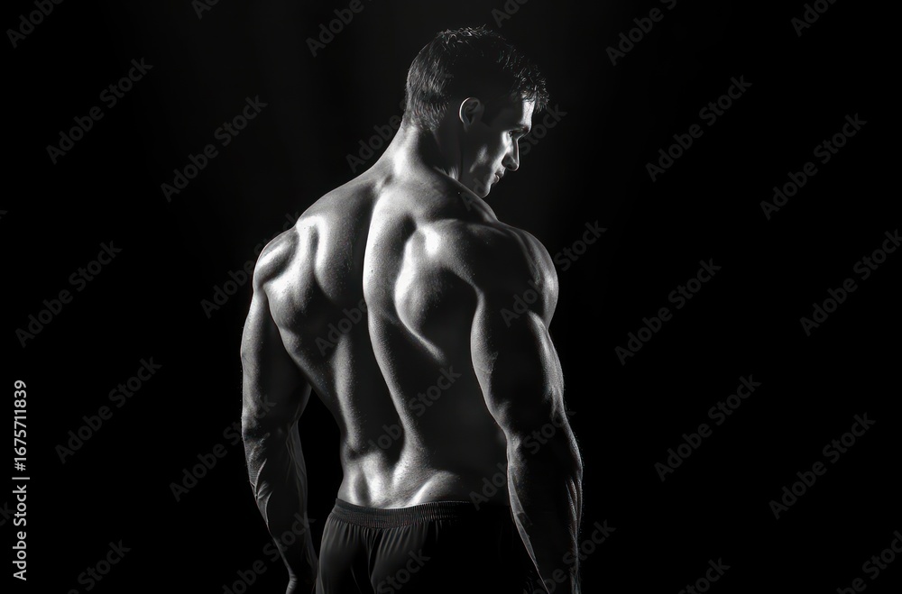 Fototapeta premium muscular man posing shirtless with back muscles flexed in dramatic black and white lighting