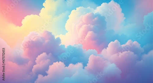 Dreamy pastel clouds float in a vibrant sky, blending pink, blue, yellow, and white hues in an ethereal, painterly scene.