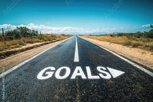 Wallpaper Mural Long open road stretching into the horizon with the word goals and an arrow painted on the asphalt under a bright blue sky with scattered clouds Torontodigital.ca