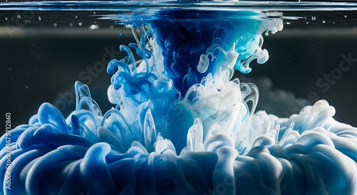 Blue and white ink swirling and mixing in water, creating abstract cloud-like formations with dynamic movement.