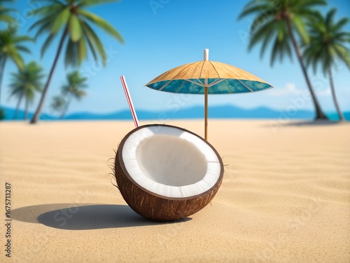 Wallpaper Mural Fresh split coconut with straw and umbrella on tropical beach sand vacation drink Torontodigital.ca
