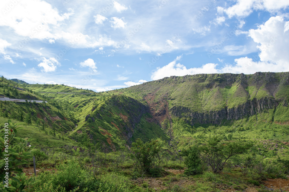 Naklejka premium 夏の白根山の荒々しい山肌と緑のコントラスト