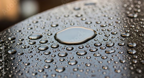 Close-up of water droplets clinging to a smooth, metallic surface, reflecting light.