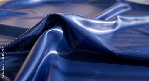 Close-up of smooth, shiny, royal blue fabric with soft folds and highlights creating a luxurious and elegant texture.
