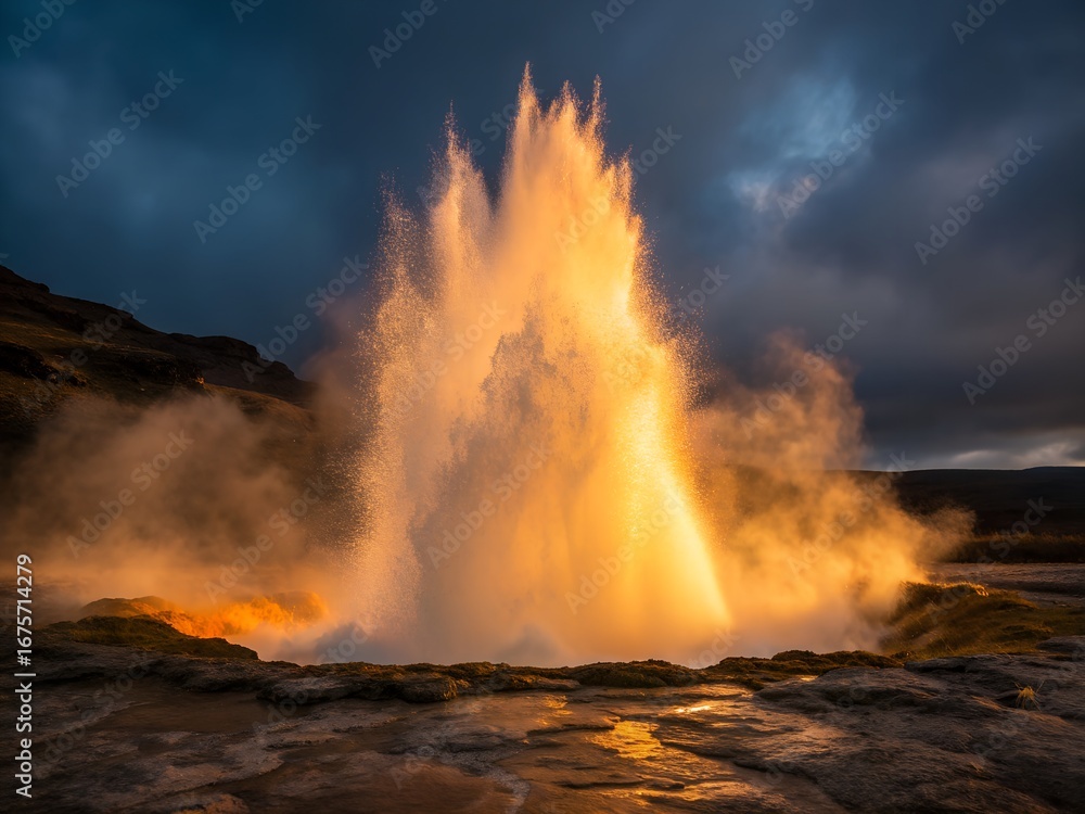 Fototapeta premium Powerful geothermal geyser erupts with fiery hot water and steam into the night sky