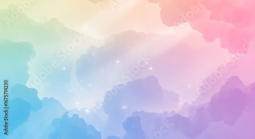 Pastel-colored, dreamlike background with cloud-like formations and subtle sparkling light accents, creating a soft and ethereal atmosphere.