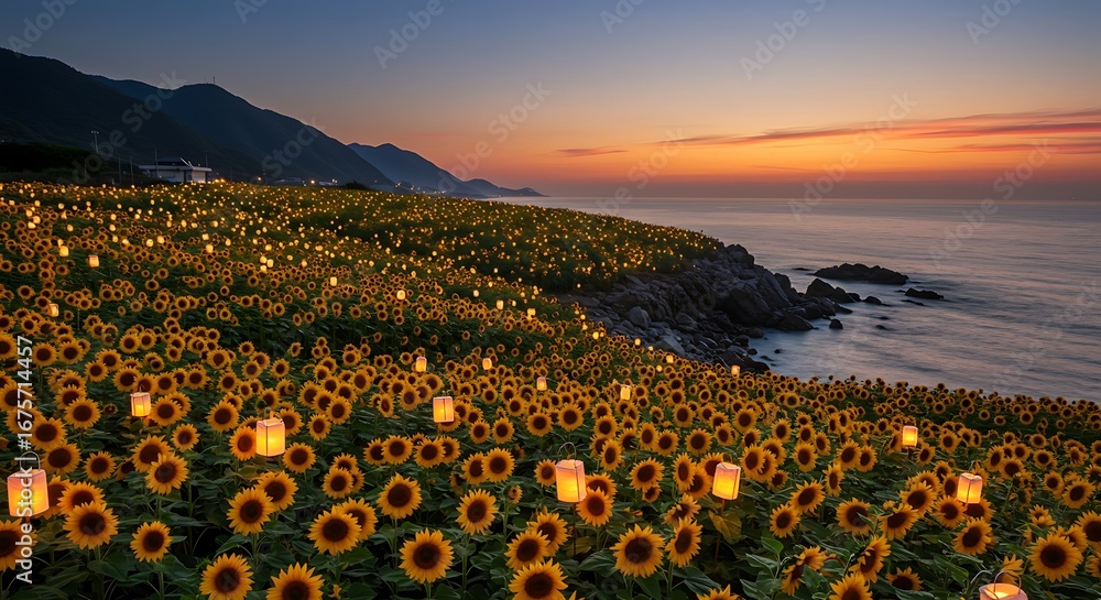 Obraz premium Sunflower field nestled on rocky coastline, lanterns glowing warmly