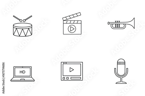 Collection of musical and video icons isolated on a white background
