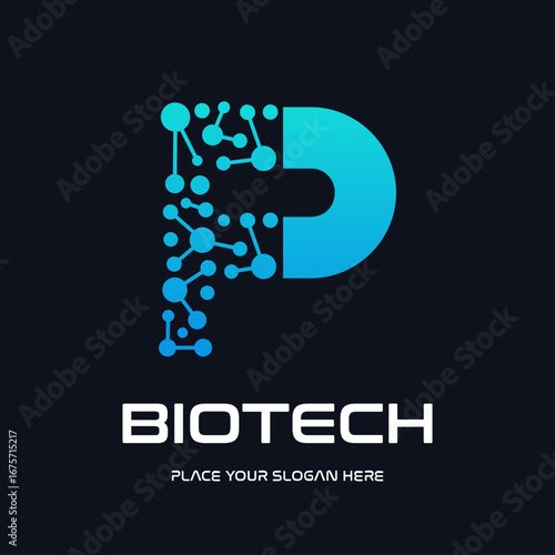 A modern and futuristic logo design for biotech and technology companies, featuring a stylized letter "P" with an abstract molecule or DNA structure. The design uses a dynamic blue gradient, symbolizi