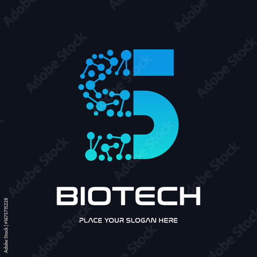A modern and futuristic logo design for biotech and technology companies, featuring a stylized letter "S" with an abstract molecule or DNA structure. The design uses a dynamic blue gradient, symbolizi