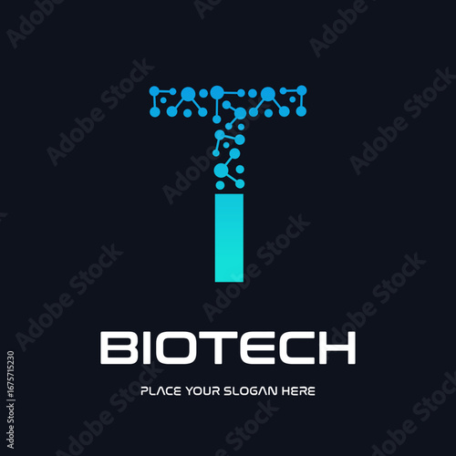 A modern and futuristic logo design for biotech and technology companies, featuring a stylized letter "T" with an abstract molecule or DNA structure. The design uses a dynamic blue gradient, symbolizi