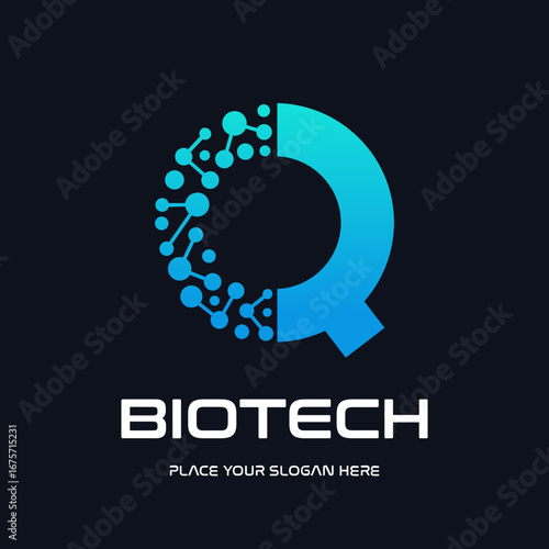 A modern and futuristic logo design for biotech and technology companies, featuring a stylized letter "Q" with an abstract molecule or DNA structure. The design uses a dynamic blue gradient, symbolizi